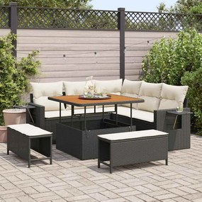 Conjunto de Sofá de Jardim com 8 Peças com Almofadas Preto Rattan Polimérico Acácia