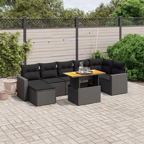 8 pcs conjunto sofás de jardim com almofadões vime PE preto