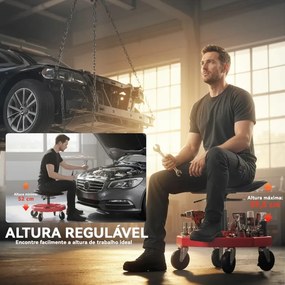 Banco de Oficina Móvel com Bandeja Magnética Altura Ajustável de 52–59,5 cm Carga 135 kg Banco para Mecânico com Rodas para Garagem Reparação de Autom