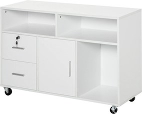 Suporte para impressora com 2 gavetas 100 x 35 x 65 cm, móvel de arrumação com rodas, prateleiras abertas e armário, branco