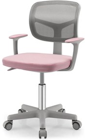 Cadeira de escritório infantil com encosto em malha, almofada removível e rodas 360° com travão para 3-10 anos, altura ajustável, cor rosa