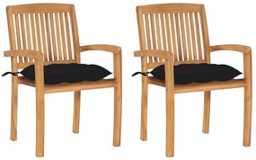 vidaXL Cadeiras de jardim c/ almofadões pretos 2 pcs teca maciça