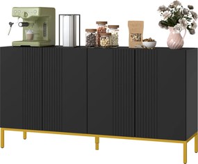 Aparador de design contemporâneo com padrão gráfico 140 x 40 x 75 cm, 2 armários e prateleiras ajustáveis, em madeira preta e metal dourado