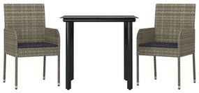 3 pcs conj. jantar p/ jardim c/ almofadões vime PE preto/cinza