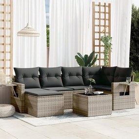 7 pcs conjunto sofás p/ jardim c/ almofadões vime PE cinzento