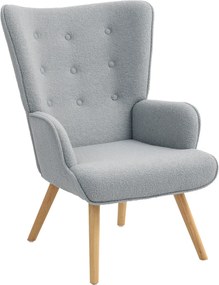 Poltrona de sala em tecido bouclé, poltrona estofada com pés de madeira, 71 x 74 x 96 cm, cinzento claro
