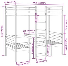 Cama alta c/ secretária/cadeiras 80x200 cm pinho maciço branco