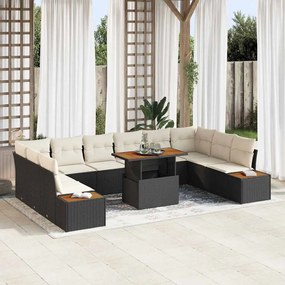 Conjunto de Sofá de Jardim de 11 Peças com Almofadas Preto Rattan Poly