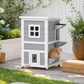 Casota Exterior para Gatos em Madeira de 2 Níveis com Telhado Basculante, Plataformas de Salto e Portas, 51x51x81,3 cm, Cinzento