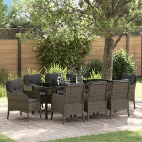 vidaXL Conjunto de Jantar de Jardim de 9 Peças com Almofadas Cinza Vime Sintético