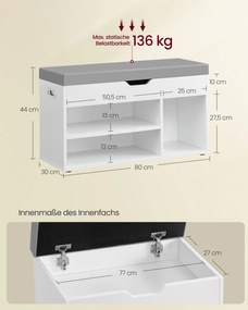Banco sapateira com espaço de arrumação, estofado, com 3 compartimentos abertos 30 x 80 x 44 cm Branco
