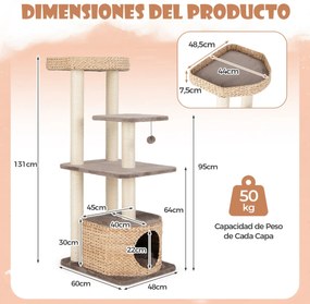 Árvore para gatos 4 camadas 131 CM  com postes de arranhar de sisal Poleiro Caverna, Bola Almofadas suspensas Castanho