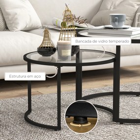 Conjunto de 2 Mesas de Apoio Redondas Bancada de Vidro Temperado e Estrutura de Aço Grande 70 cm Pequena 54 cm Preto e Transparente