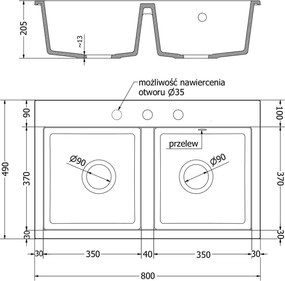 Mexen Hektor lava-loiça de granito de 2 cubas 800 x 480 mm, bege, sifão cromado - 6521802000-69