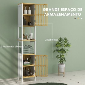 Coluna alta de Casa de Banho com 2 Estantes Abertos 2 Armários com Portas de Ripas e Prateleiras Ajustáveis 32x30x172 cm Branco