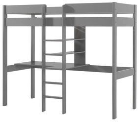 Cama alta de Criança PINO 90 x 200 cm + estrado + escada + secretária + 3 prateleiras Cinzenta