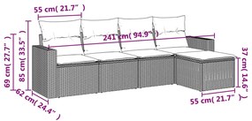 5 pcs conj. sofás jardim c/ almofadões vime PE cinzento-claro