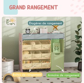 Móvel de arrumação infantil 92 x 30 x 80 cm estante para brinquedos com 9 gavetas em tecido e armário, cor-de-rosa