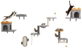 Conjunto de torre para gatos montada na parede com plataforma de 2 níveis, 2 casinhas e arranhador cinza