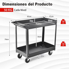 Carrinho multifunções de 2 níveis com pega e estrutura metálica  de dupla camada para uso doméstico Carga 50 kg 85 x 41 x 79 cm Preto