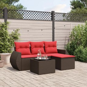 vidaXL 5 pcs conjunto sofás p/ jardim c/ almofadões vime PE castanho