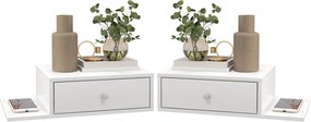 Conjunto de 2 mesas de cabeceira de parede, prateleira lateral e gaveta - 55 x 30 x 15 cm, MDF branco