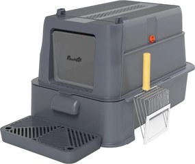Caixa de Areia para Gatos de Aço Inoxidável XL com Tampa Articulada 180° Laterais Altas Pedal Pá 63x43x43 cm Cinzento Escuro