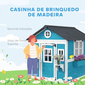 Casinha de Madeira Infantil com Porta Janelas Floreiros e Prateleiras com Detalhes Coloridos 114x126,4x135 cm Azul