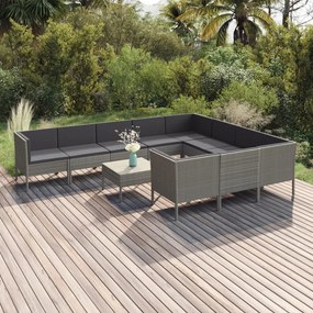 11 pcs conjunto lounge de jardim c/ almofadões vime PE cinzento