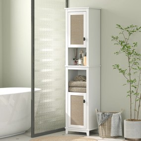 Coluna Casa de Banho com Prateleira Ajustável 2 Portas em Vime e 2 Compartimentos Estilo Boho 40x30x167,5 cm Branco
