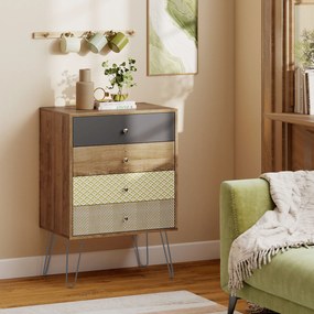 Cómoda 4 Gavetas Cómoda para Quarto com Pés em Forma de V de Aço Estilo Boémio 60x39x86 cm Multicor