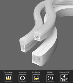 Tubo de silicone LED NEON DC24V, 12x12mm, 5 metros, 90º, 96W, IP67, Branco neutro