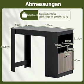 Mesa de bar, cozinha com prateleiras para vinhos 120 x 60 x 91,5 cm e compartimentos abertos e 2 portas, para 2 pessoas Preto + Cinza