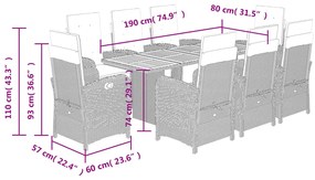 9 pcs conjunto de jantar p/ jardim c/ almofadões vime PE cinza