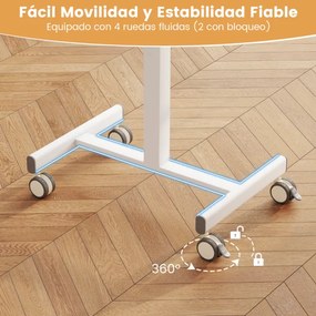 Secretária elevável com pés móveis e altura ajustável, 4 rodas giratórias, base em forma de H para escritório, 65 x 48 x 74,5-108,5 cm, natural
