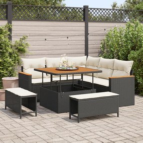 Conjunto de Sofá de Jardim de 8 Peças com Almofadas Preto Rattan Poliéster Acácia