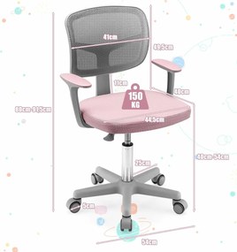Cadeira de escritório infantil com encosto em malha, almofada removível e rodas 360° com travão para 3-10 anos, altura ajustável, cor rosa