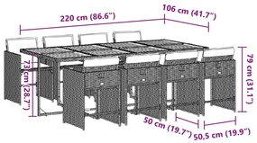 9 pcs conjunto de jantar p/ jardim c/ almofadões vime PE preto
