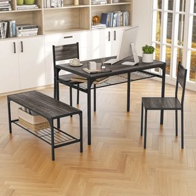 Conjunto de mesa de jantar de 4 peças e 2 cadeiras de jantar com estrutura metálica e estante moderna para sala de jantar e cozinha Cinzento