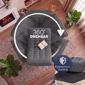 Poltrona Aberdeen em veludo cotelê  ajustável em 5 posições, giratória a 360°, dobrável Cinzenta