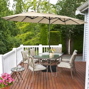 Guarda-sol duplo Jardim de 451,5 cm com base Sistema de manivela Estrutura metálica com 12 varas Ventilação de ar  Café