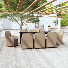 vidaXL 9 pcs conjunto de jantar para jardim com almofadões castanho