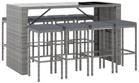 9 pcs conjunto de bar p/ jardim c/ almofadões vime PE cinzento