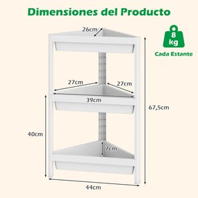 Conjunto de 2 estantes de canto com 3 níveis 26 x 44 x 67,5 cm em PP, estante de casa de banho desmontável com drenagem, organizador, para cozinha e q
