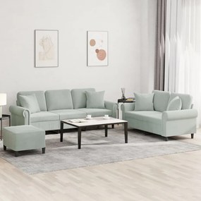 3202280 vidaXL 3 pcs conjunto de sofás com almofadas veludo cinzento-claro