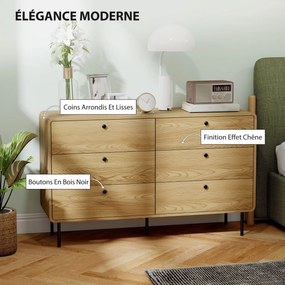 Cómoda com 6 gavetas, móvel de arrumação de estilo moderno, com cantos arredondados e pés em aço, 120 x 40 x 75 cm, com efeito de madeira de carvalho
