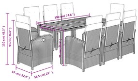 9 pcs conjunto de jantar p/ jardim c/ almofadões vime PE preto