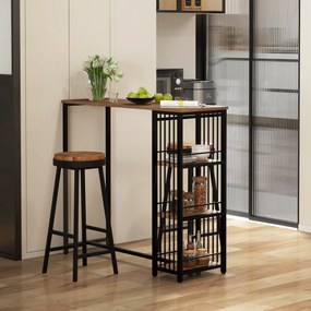 Mesa Alta de Cozinha com 3 Prateleiras Mesa de Bar Retangular para 2 Pessoas Pés de Aço 120x40x105 cm Castanho e Preto