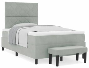 Cama Box Spring com Colchão e Banco Cinza Claro 120x200 cm Veludo