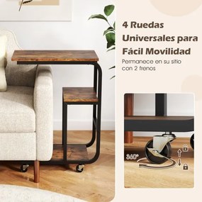Mesa apoio em forma de C para sofá 53 x 30 x 70 cm com prateleiras abertas Mesa lateral industrial com rodas Castanho
